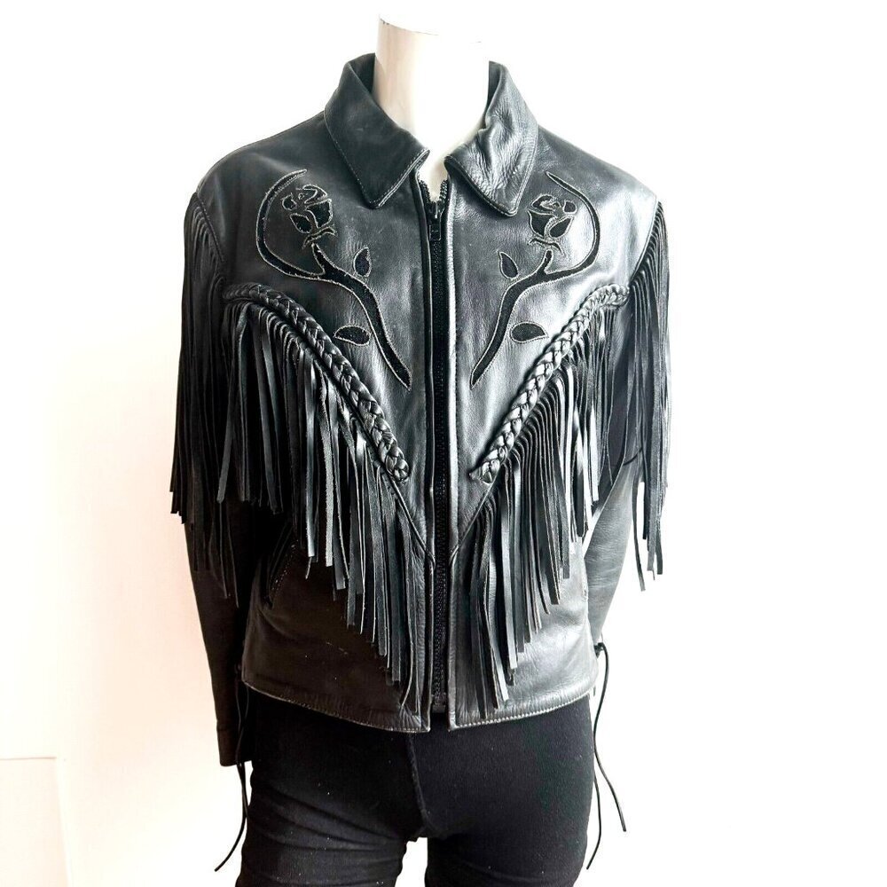Vintage Black Leather Floral Motif Fringe Detail Moto Jacket M